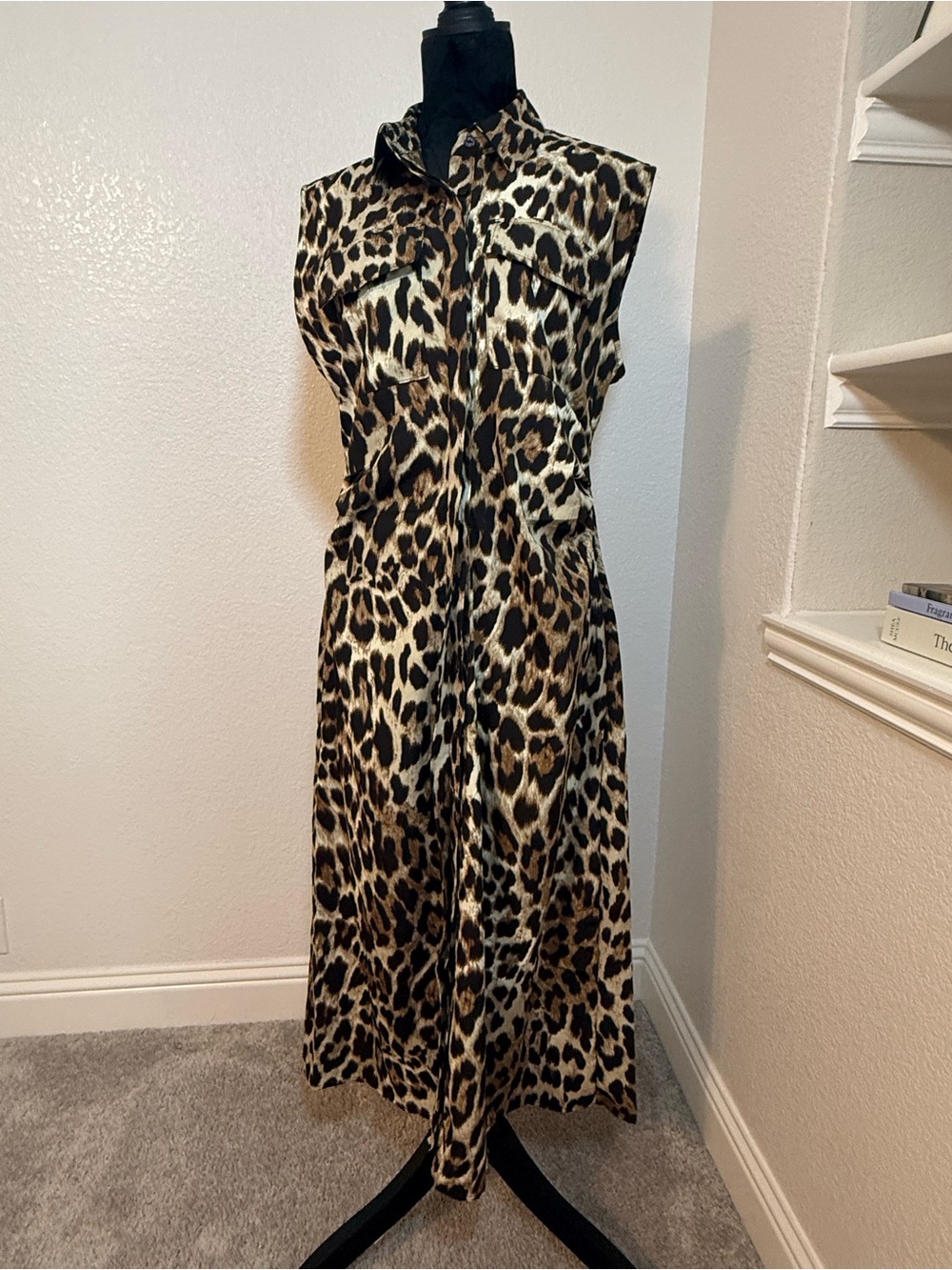 Sleeveless Leopard Print Midi Shirt Dress - Brown/Black
